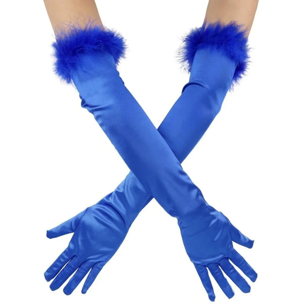 Women's Long Elbow Length Blue Satin Feather Trim Evening Gloves Tea Party